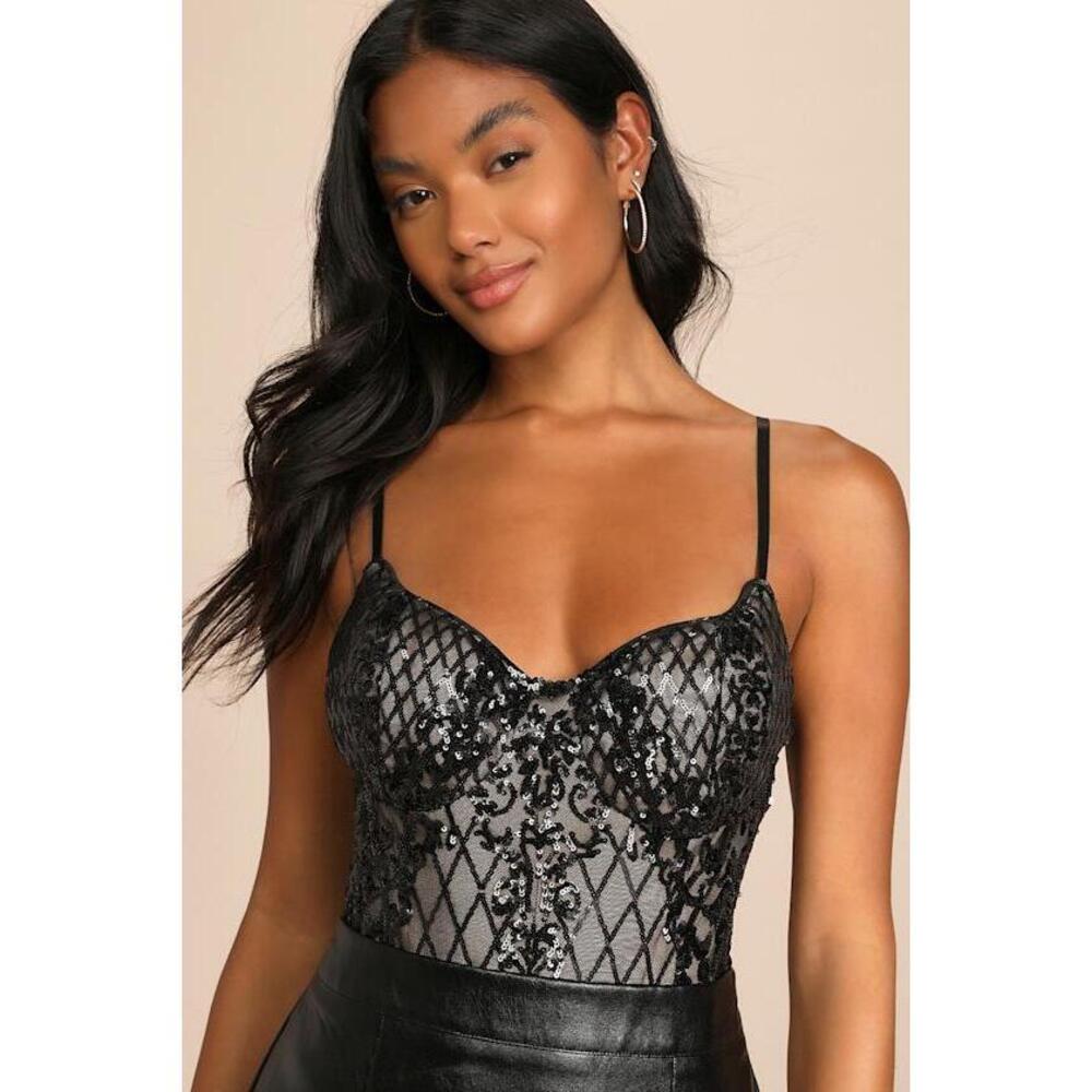 Lulus Purely Passionate Beige And Black Sequin Bustier Bodysuit - Size M
